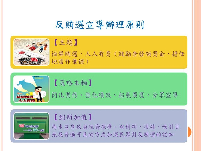 「第九屆立法委員暨第十四任總統副總統選舉」反賄選宣導辦理原則